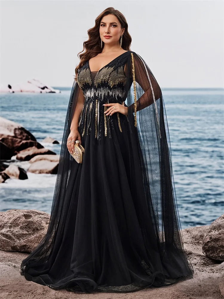 Plus Size Luxury Floor-standing sleeves Sequins Evening Dresses Women V-neck Formal Wedding Party Cocktail Gowns Vestidos