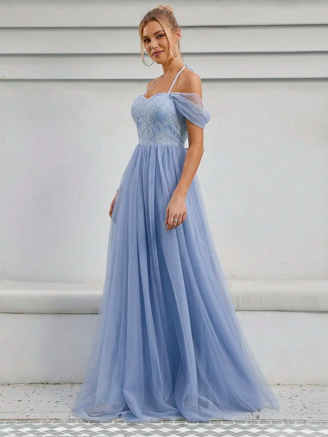 MGIACY    line neck back lace lace mesh pleated bridal gown
