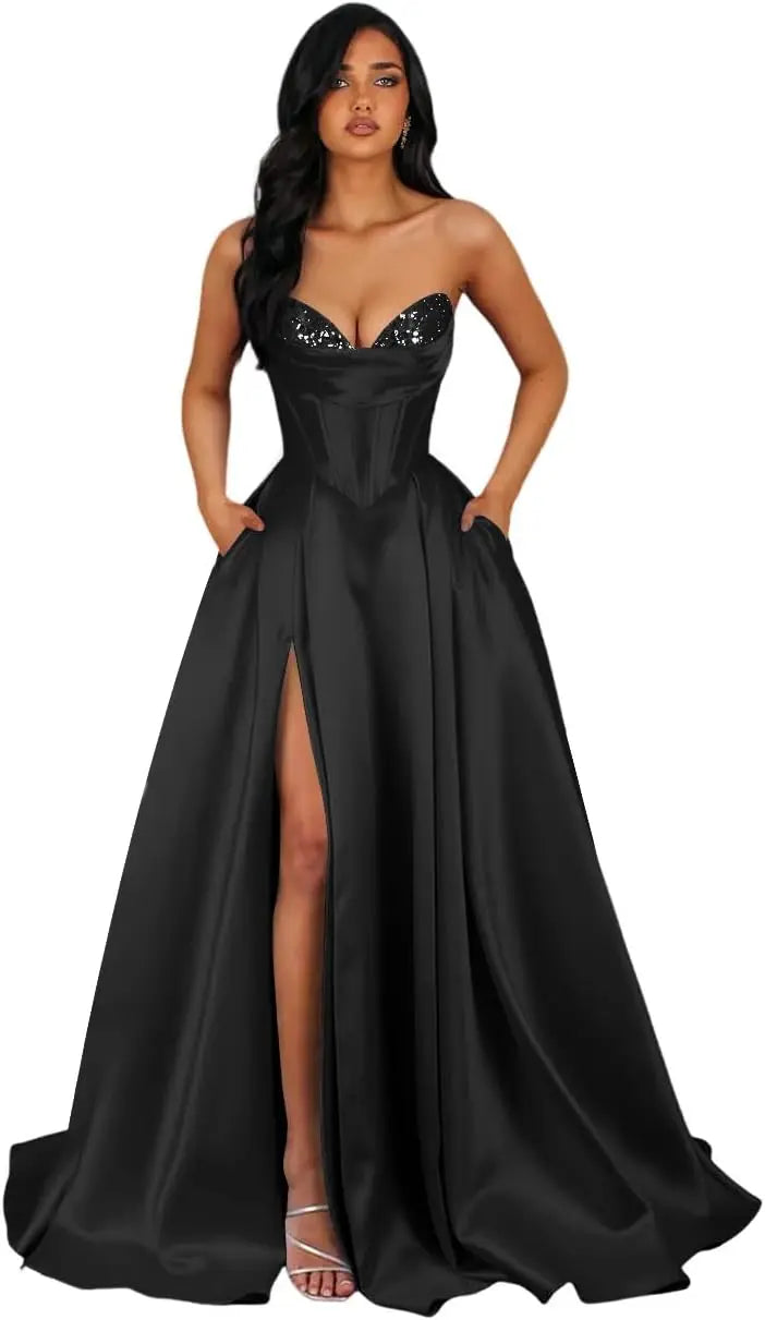 Strapless Sequin Prom Dresses Long with Slit Satin Formal Party Dress