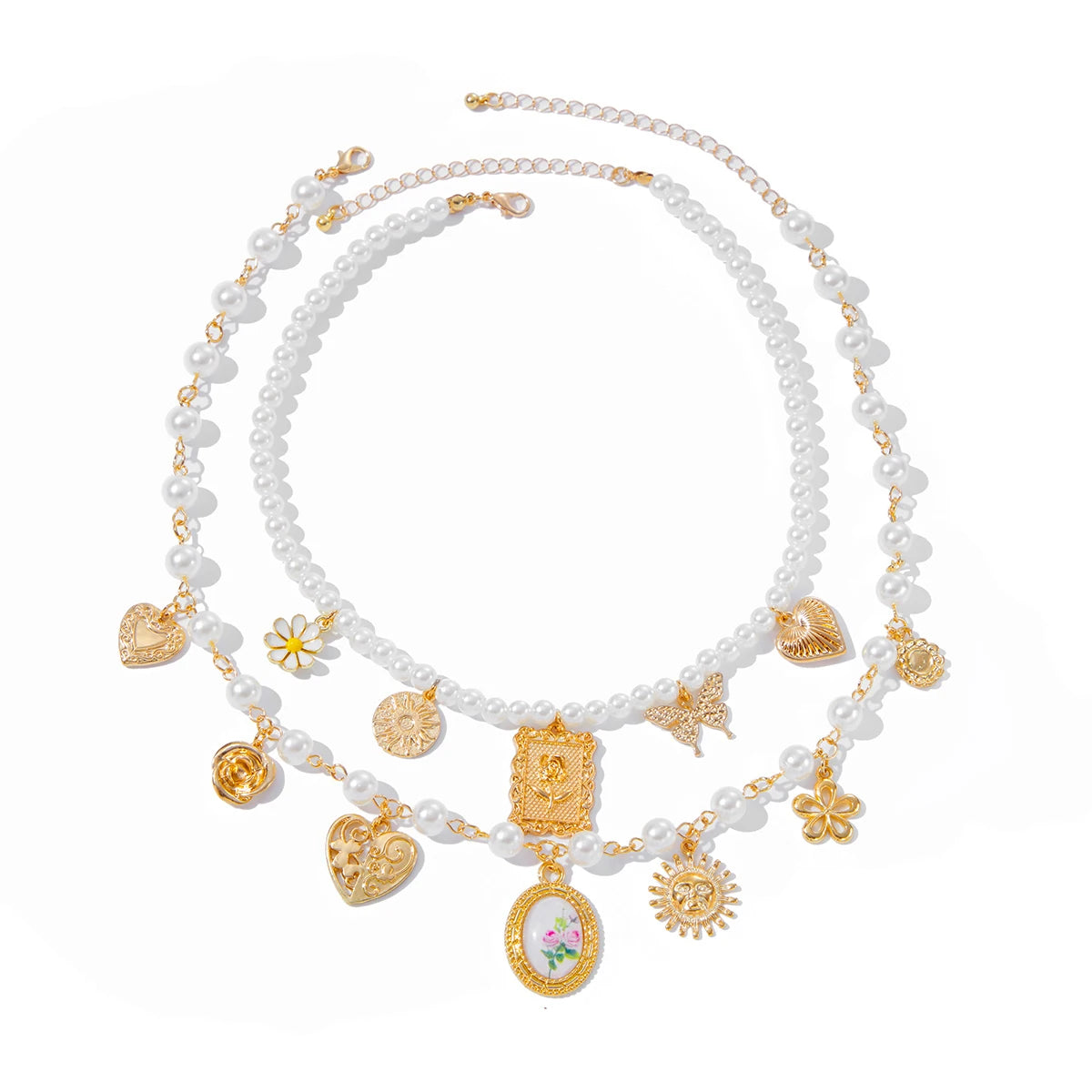 Salircon Exquisite 2Pcs/Set Butterfly Sunflower Heart Pendant Necklace Women luxury Imitation Pearl Charm Trendy Choker Jewelry