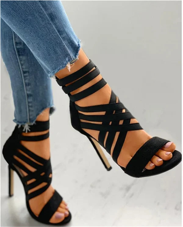 Summer women's fashion bandage back zipper sandals 2025 sexy pointed toe versatile solid color banquet party stilettos large 43