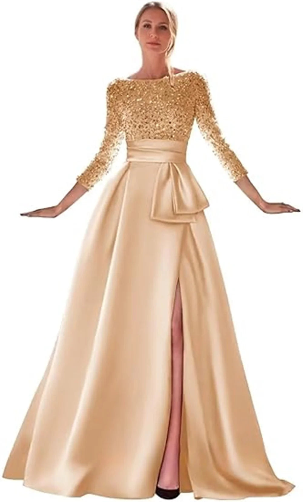 Long Sleeves Mother Of The Bride Dresses For Wedding Sparkly Sequin Ball Gowns Side Slit Satin Formal Party Prom Gown