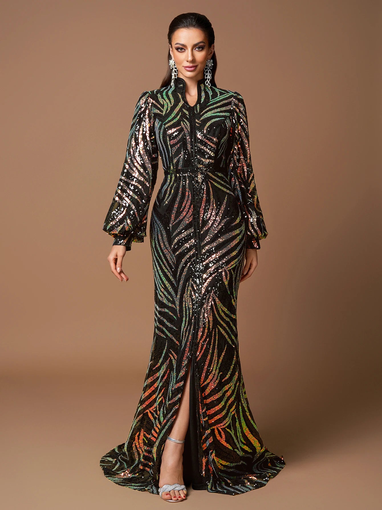 UNITHORSE Elegant Long-Sleeve Beaded Slit Evening Gown Random Cut Maxi Dress for Formal Occasions