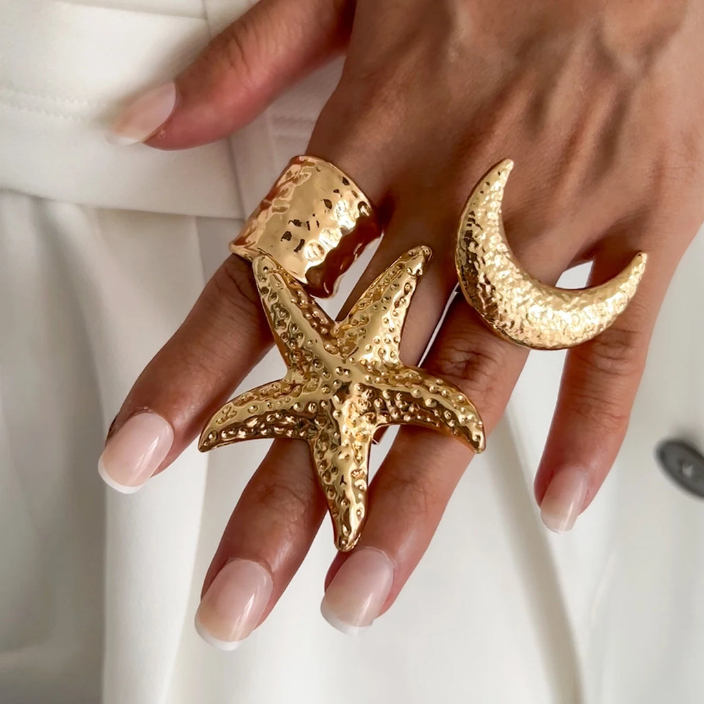 Salircon Exaggerated Vintage Big Starfish Moon Flower Ring for Women Trend Personality Metal Punk Party Finger Ring Jewelry