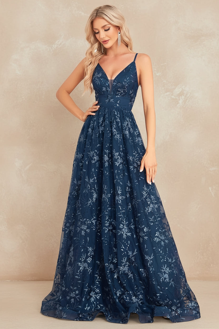 Elegant Sequins Sexy Backless Evening Dress For Women Deep V-neck Prom Party  Dress Floor Length Blue Formal Gowns