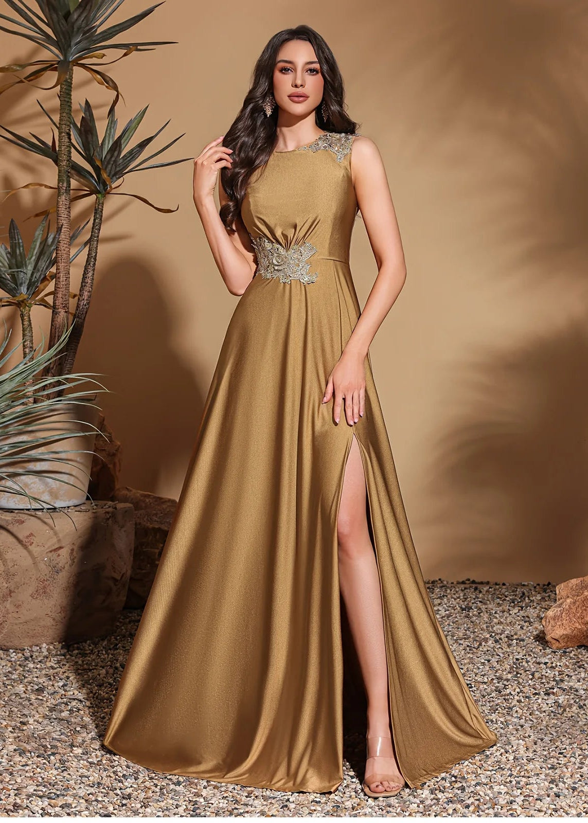 Asymmetrical applique sleeveless round neck slit back floor-length gown, women's long dress, party dress