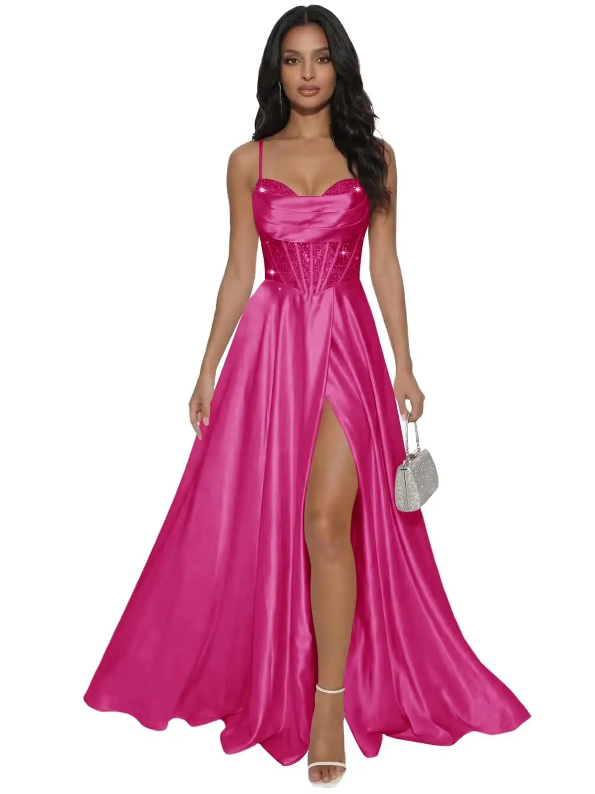 Pleated Satin A Line Prom Dresses for Women Spaghetti Straps Sequin Corset Formal Dress with Slit Formal Dress Women Elegant