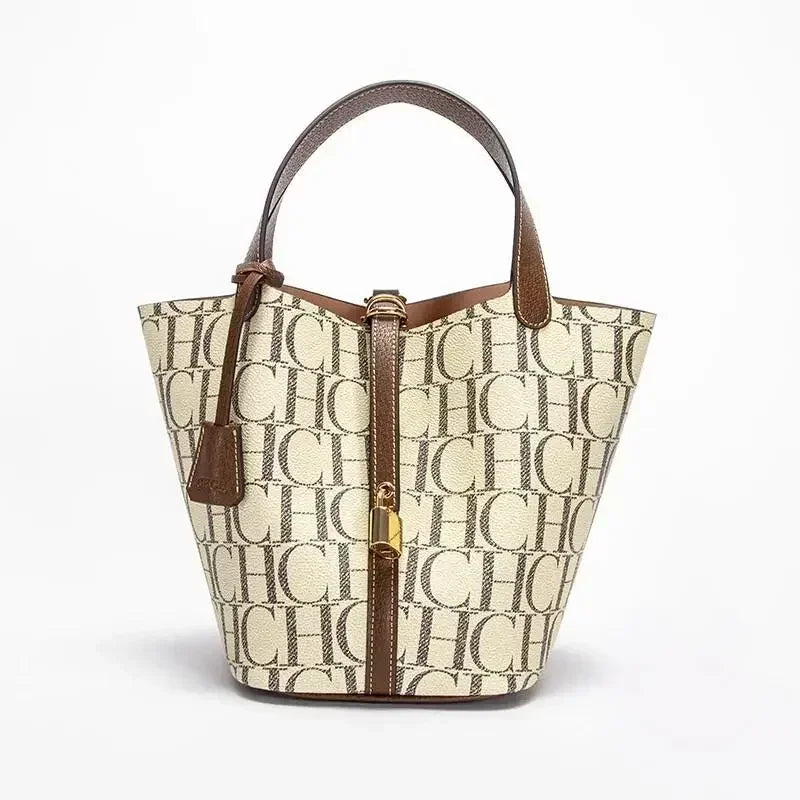 CH Tote Bag For Women Luxury Monogram Leather Handbag Fashion Top Handle Bag Elegant Lock Bucket Bag For Daily Commute