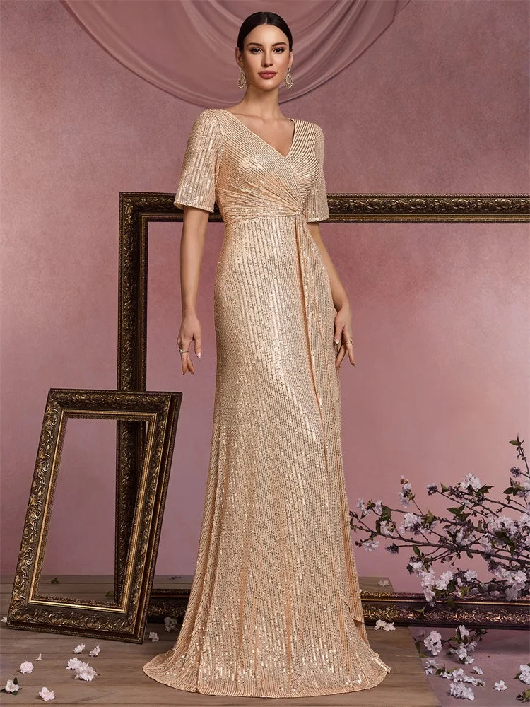Luxury Floor Length V-Neck Evening Dresses Women Elegant Party Maxi Prom Sequins Short Sleeves Prom Cocktail Gowns