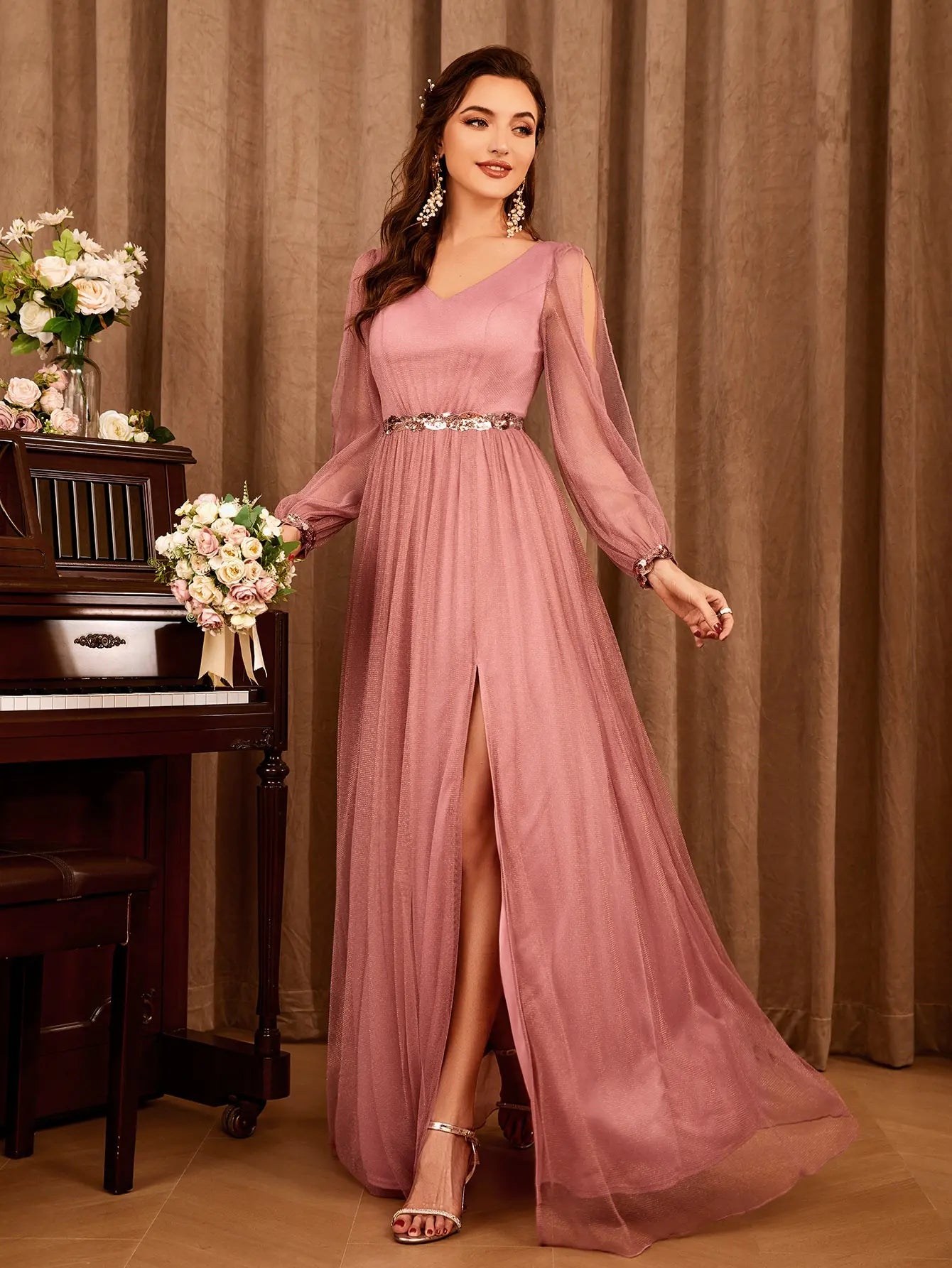 Mgiacy V-neck gauze applique slit elegant Evening gown Ball dress Party dress Bridesmaid dress