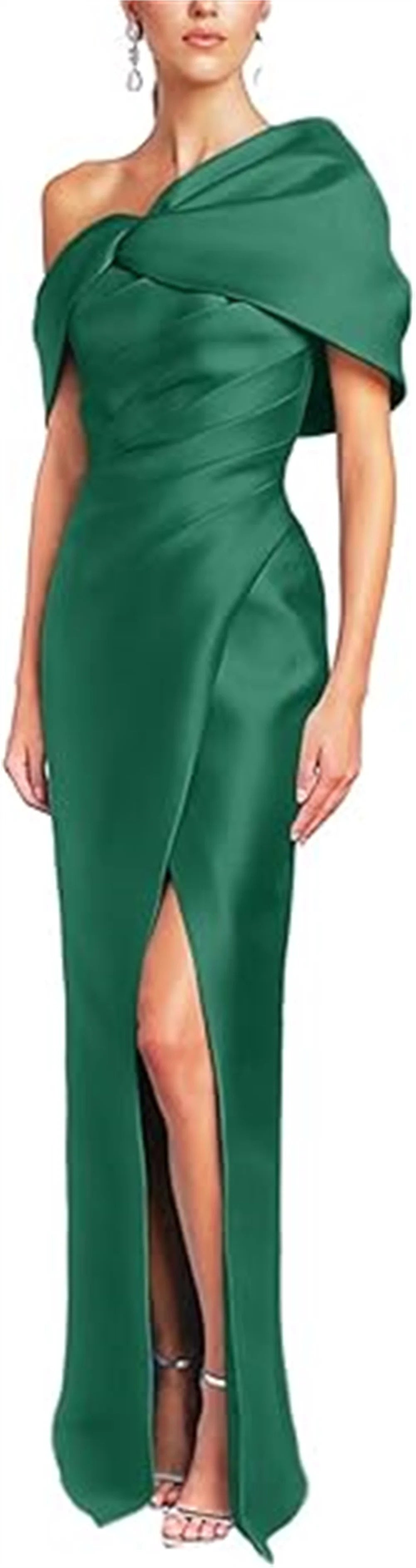 Women Mermaid Satin Floor Length Evening Gowns Sheath High Side Slit One Shoulder Ruched Backless Wedding Guest Dress