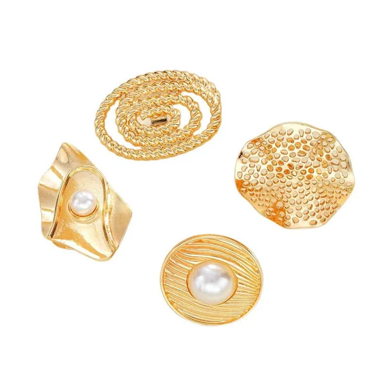 4Pcs/Set Fashion Gold Color Imitation Pearl Flower Chunky Rings Set For Women Exaggerated Metal Hollow Geometric Ring Jewelry