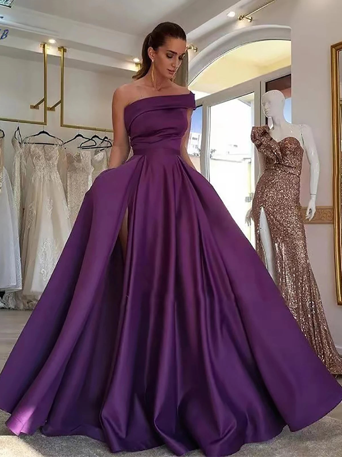 Women’s Elegant One Shoulder Satin Evening Dress Solid High Split A Line Cocktail Party Prom Gown Formal Maxi Dresses Vestidos