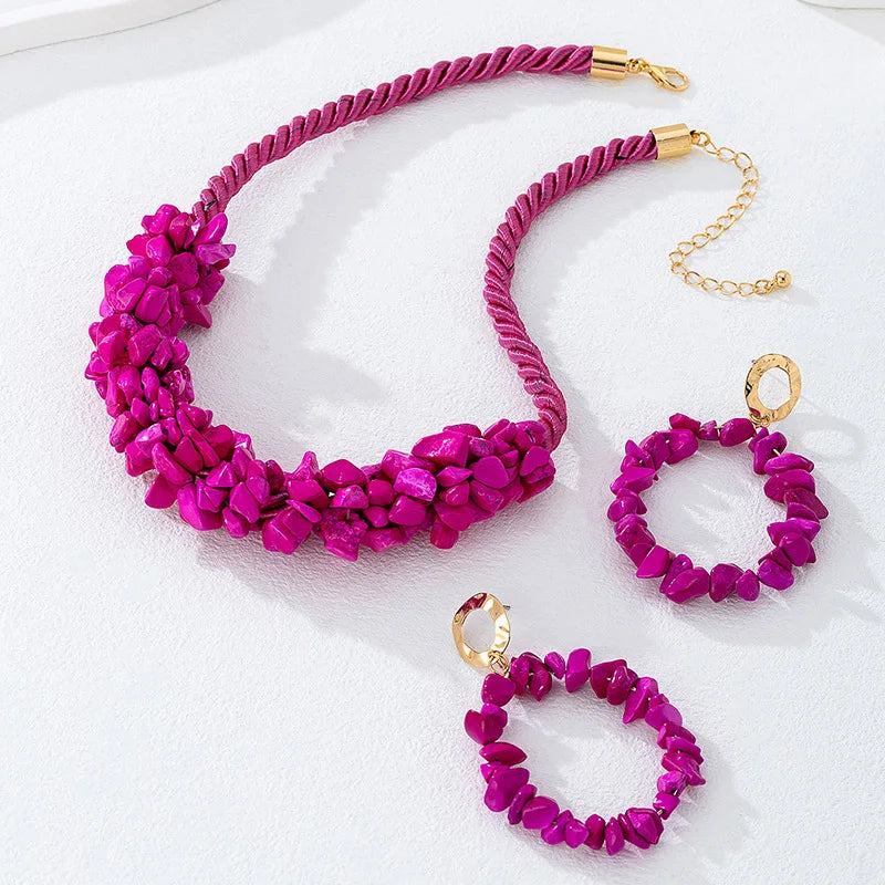 Vintage Rose Red Stone Hand Short Necklace Stud Earrings Set for women girls holiday party gift S284