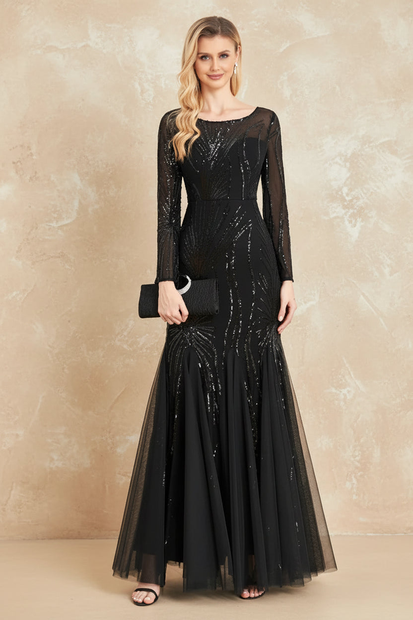 Elegant Long Sleeves Black Sequins Evening Dresses 2025 Women Mermaid Formal Party Maxi Prom Dress Cocktail Graduation Gowns