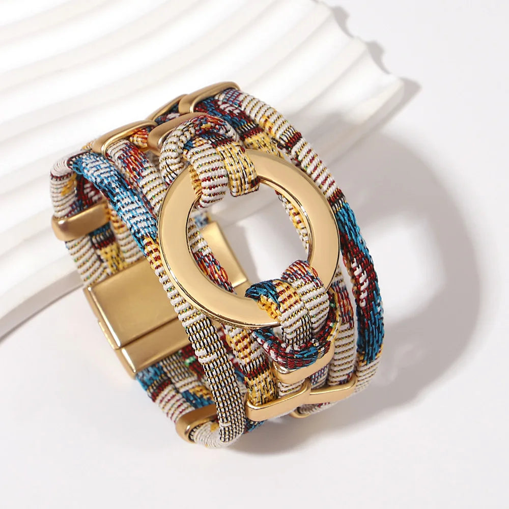 ALLYES Vintage Hollow Round Weave Leather Bracelet for Women Men Ethnic Pattern Multilayer Wrap Wide Bracelets Boho Jewelry