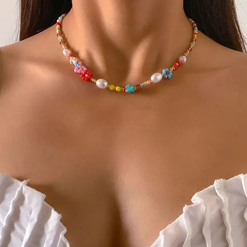 Salircon Baroque imitation Pearls Cute Flower Colorful Handwoven Beaded Short Clavicle Chain Choker Necklace Women Girls Jewelry