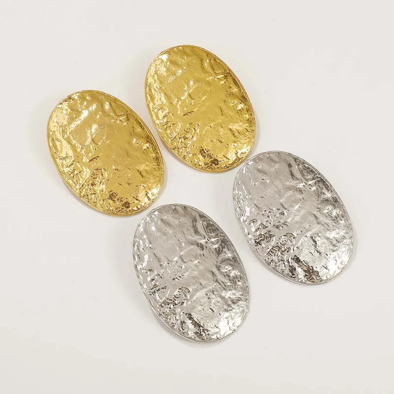 Exaggerated Gold Color Big Oval Stud Earrings for Women 2024 Classic Metal Textured Geometric Statement Earrings Party Jewelry