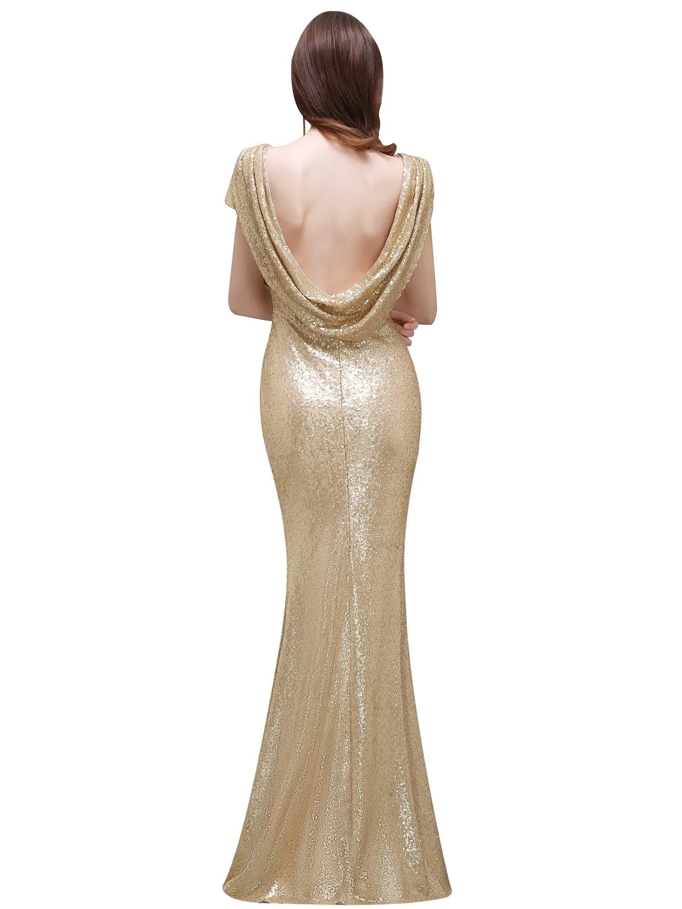 Women Bridesmaid Dresses Formal Wedding Party Guest Gown Mermaid  Sequins Short Sleeves O Neck Backless Rose Gold Champagne