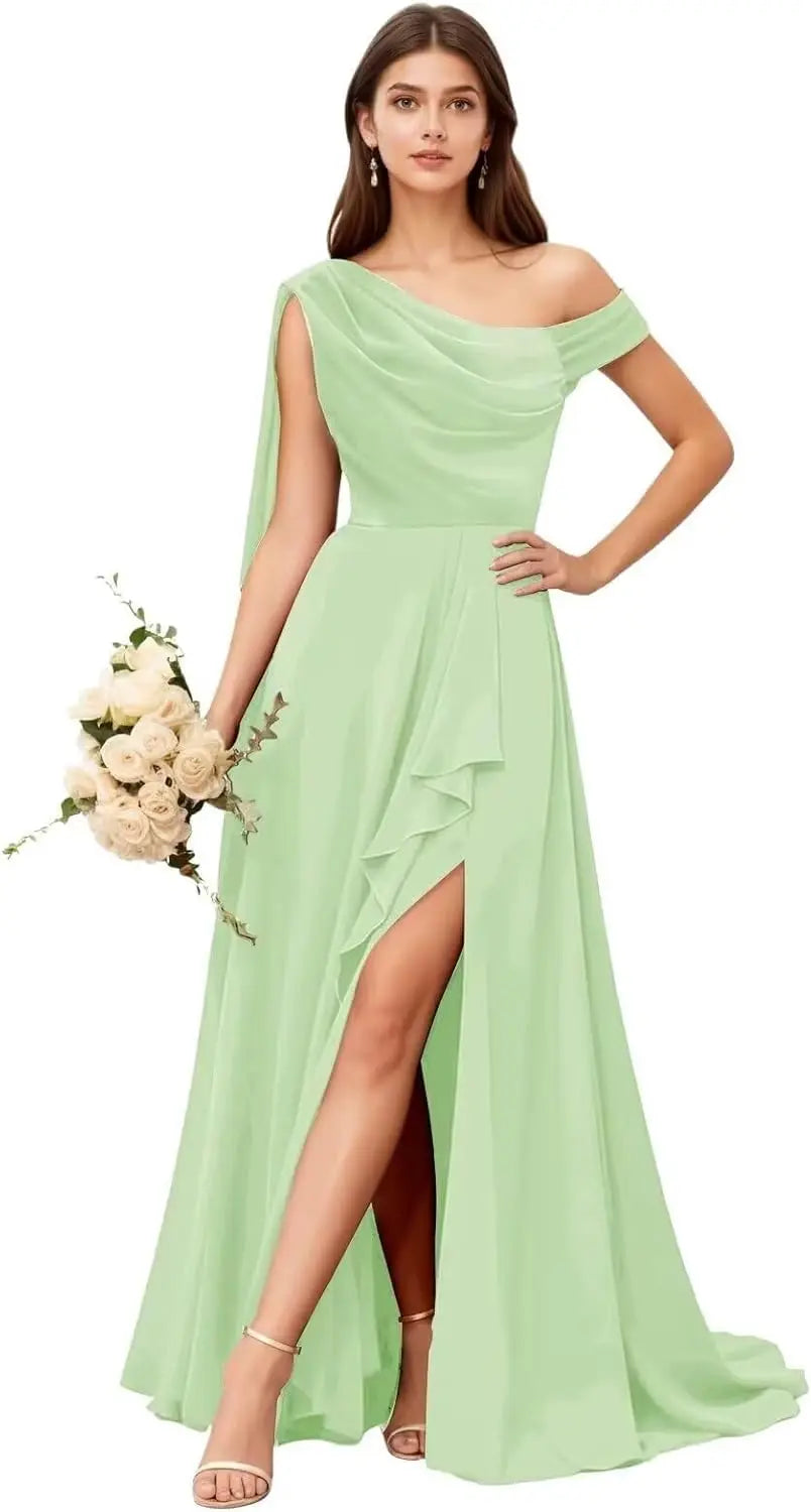 Chiffon One Shoulder Bridesmaid Dresses for Women with Pleated Ruffles A Line Long Formal Dress with Slit