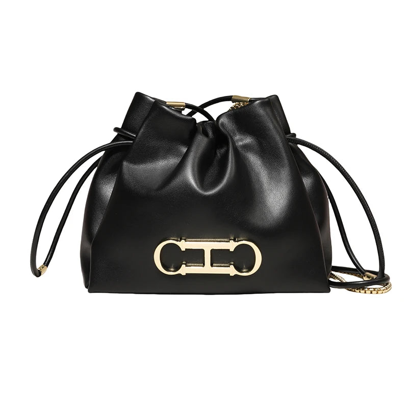 Elegant Drawstring Bucket Bag 2026 Shoulder Handbag with Gold CH Logo Versatile Chain Strap Crossbody Purse for Ladies