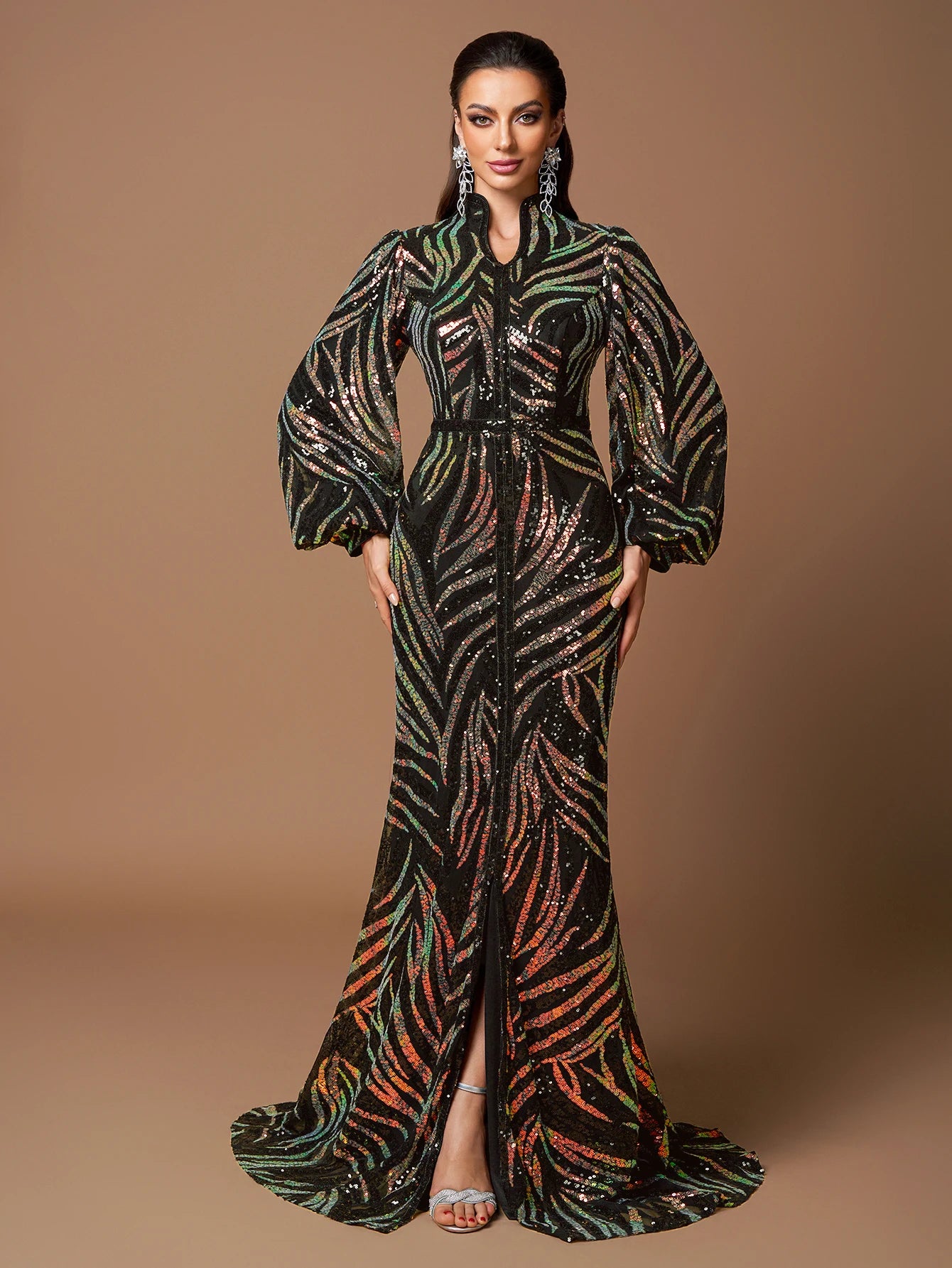 UNITHORSE Elegant Long-Sleeve Beaded Slit Evening Gown Random Cut Maxi Dress for Formal Occasions