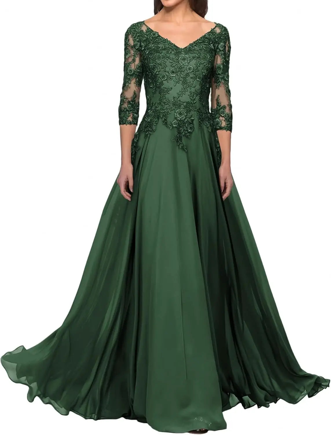 Elegant V Neck Lace Applique 3/4 Sleeve Mother of The Bride Dresses Chiffon A-Line Formal Evening Party Gowns