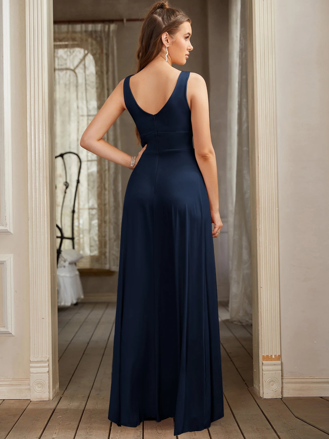 Prom Dresses Split V Neck Bridesmaid Dress Elegant Women Wedding Party A Line Formal Dress Sleeveless Floor Length Birthday Gown