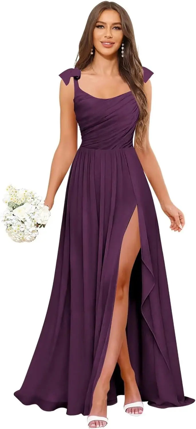 Square Neck Bridesmaid Dress with Ruffle Slit Chiffon Spaghetti Straps Ruched Bust Long Formal Prom Wedding Guest Gown