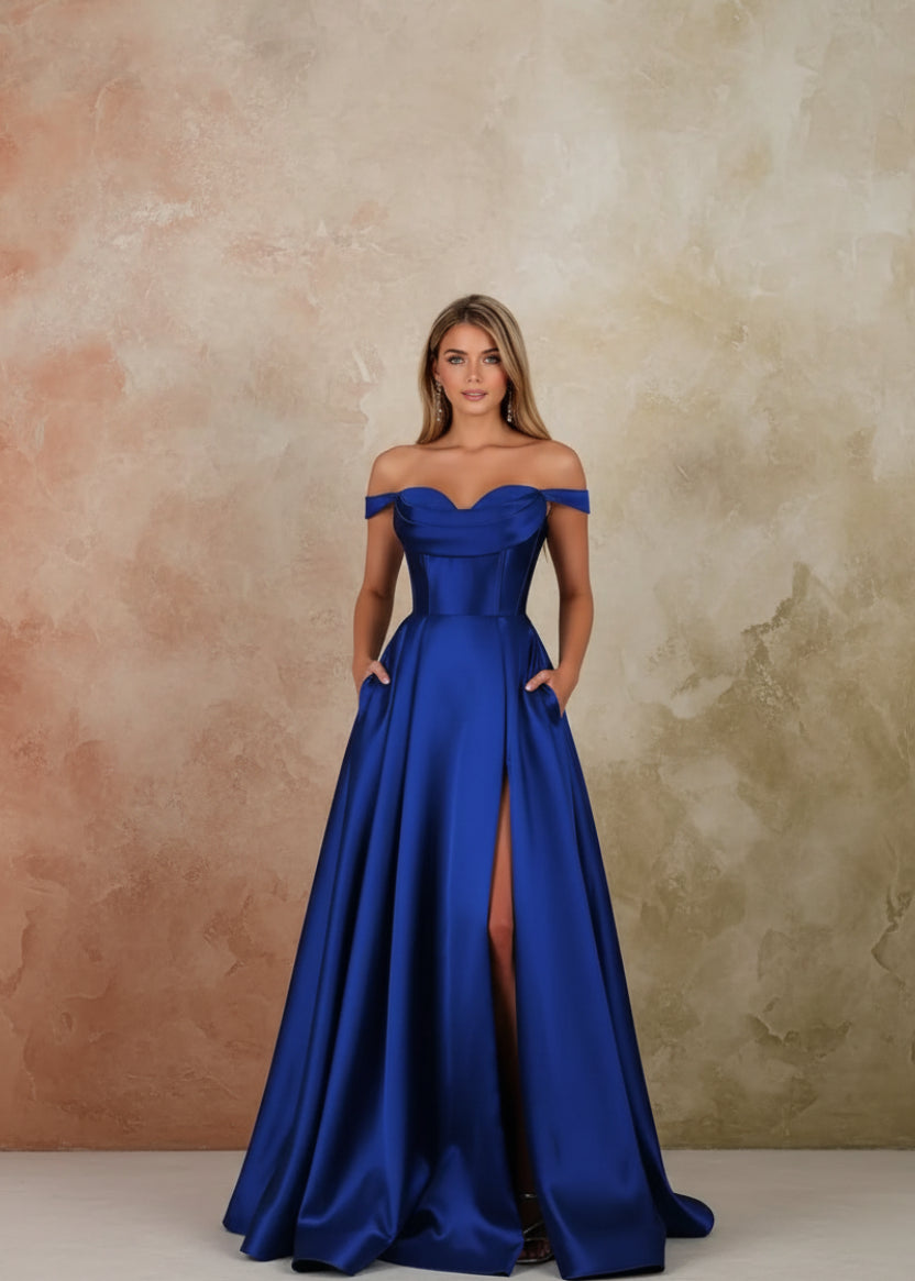 Satin Prom Dress for Women Off The Shoulder Formal Evening Dresses with Slit Sweetheart Ball Gown