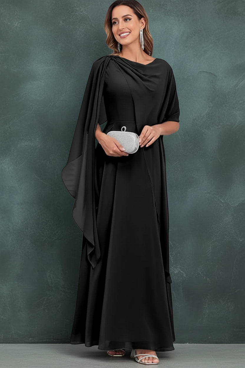 Scoop Neck Mother of The Bride Dresses Cape Shawl Ruffle Long Formal Evening Gowns Chiffon A Line Wedding Guest Bridesmaid Dress