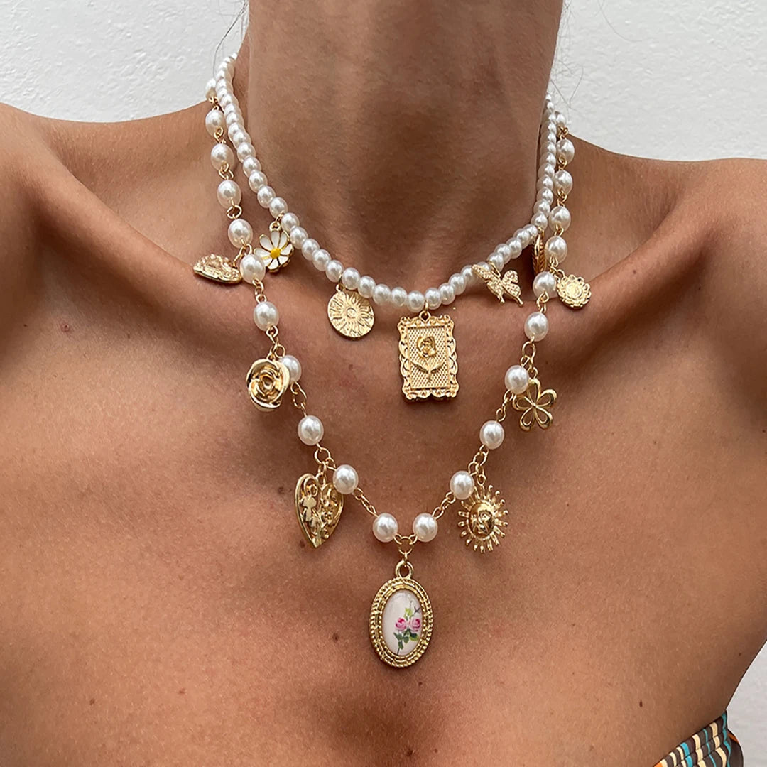 Salircon Exquisite 2Pcs/Set Butterfly Sunflower Heart Pendant Necklace Women luxury Imitation Pearl Charm Trendy Choker Jewelry