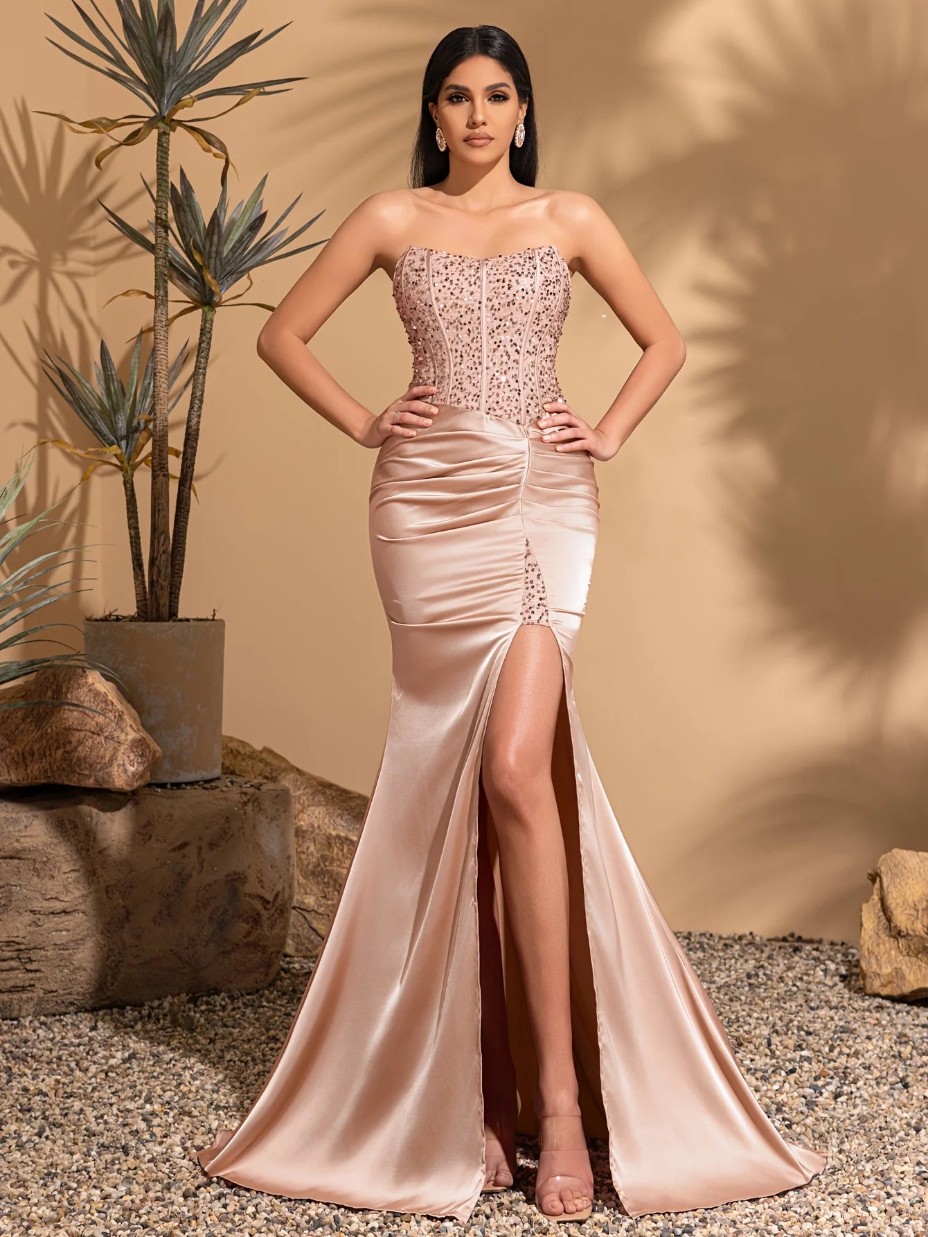 Satin pleated floor-length sequined patchwork strapless dress with back ties