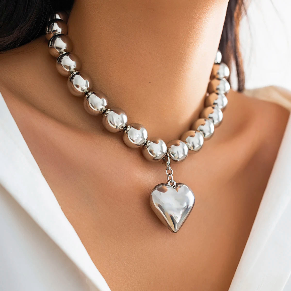 Salircon Big CCB Ball Beaded Chain Heart Shape Pendant Necklace for Women Gold Color Trendy Clavicle Choker Necklace  Jewelry