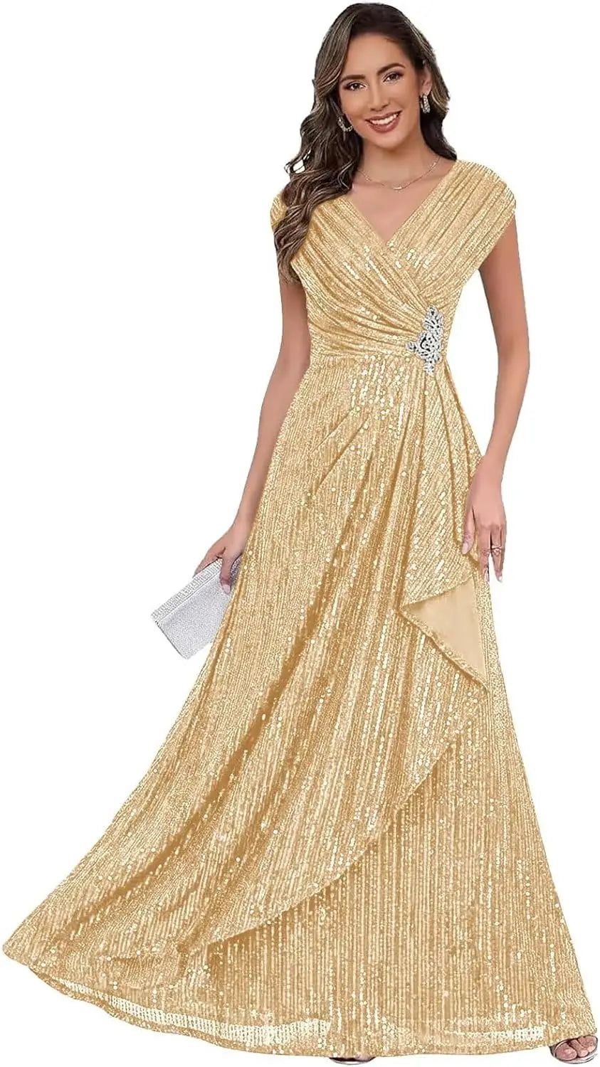 Sparkly Sequin A Line Mother of The Bride Dresses for Women Ruffles Long Formal Dress V Neck Evening Party Gown Dress
