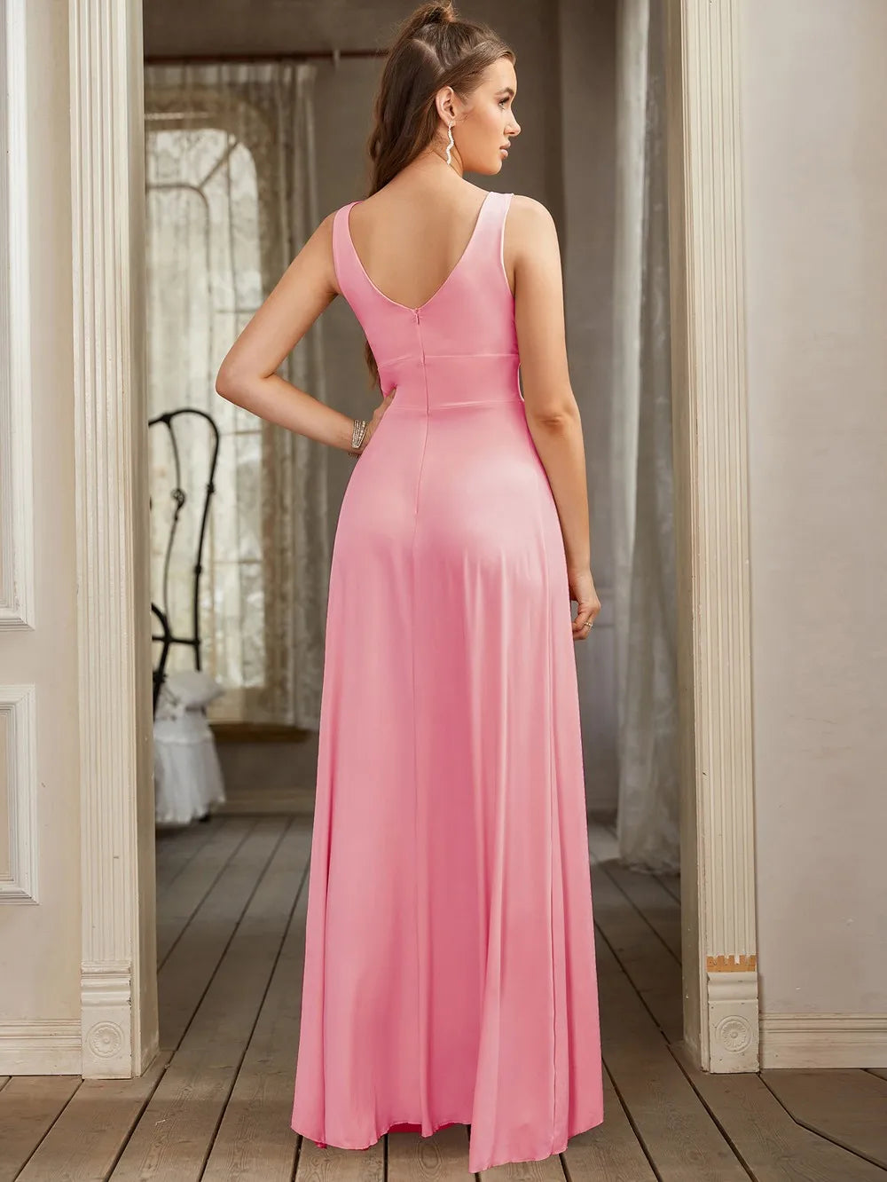 Prom Dresses Split V Neck Bridesmaid Dress Elegant Women Wedding Party A Line Formal Dress Sleeveless Floor Length Birthday Gown