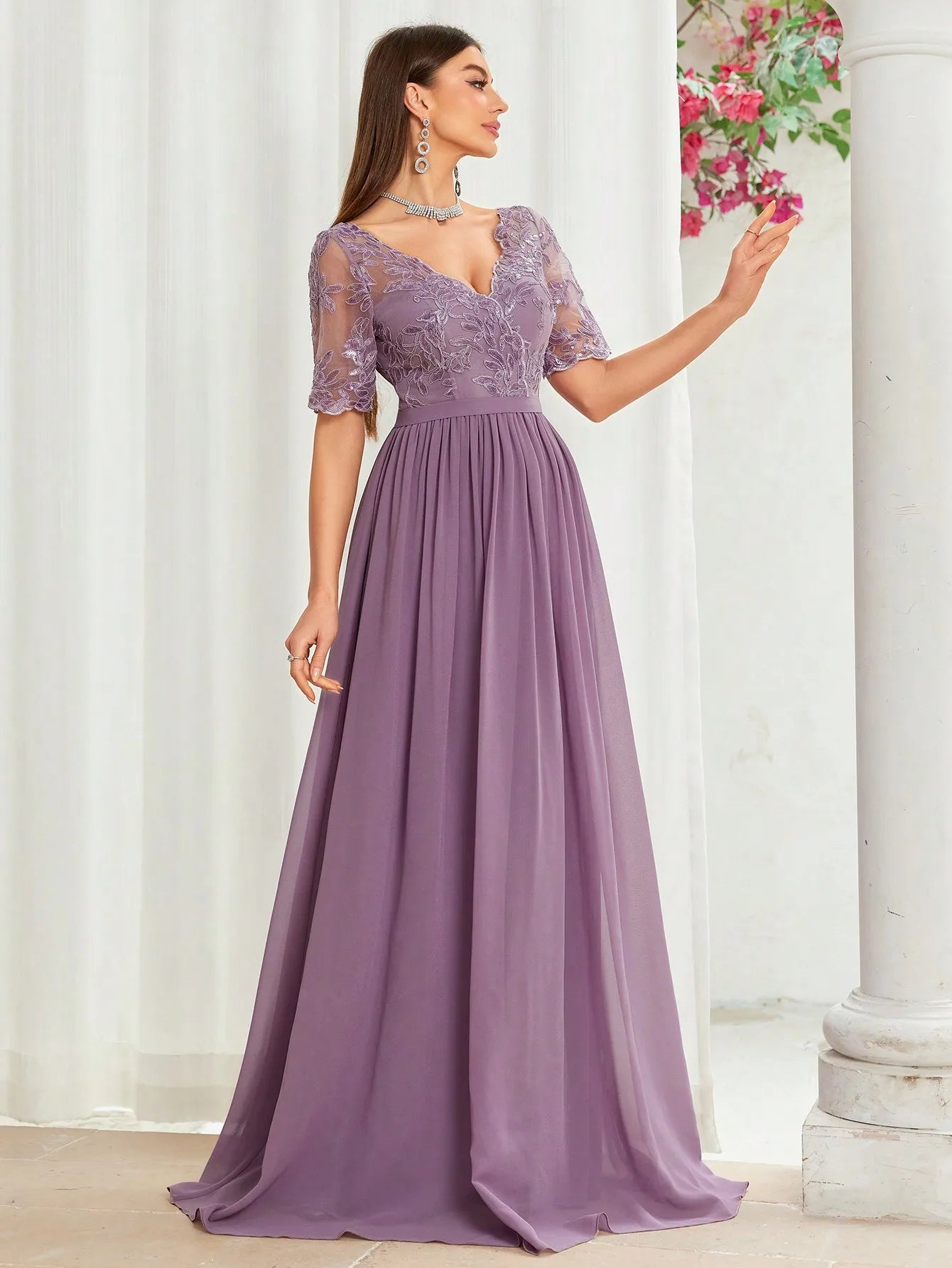 MgiacyV-neck embroidered lace cross irregular lace short sleeves splicing chiffon long skirt