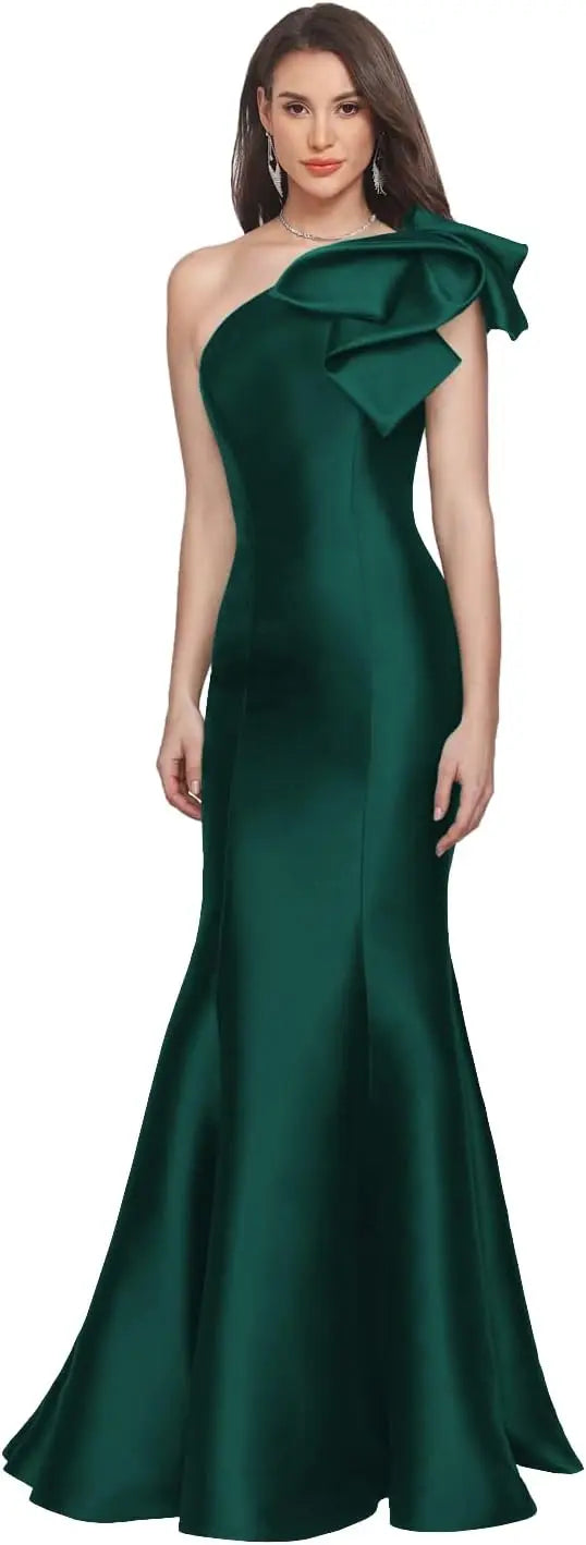 One Shoulder Prom Dresses Satin Mermaid Long Gowns With Bow