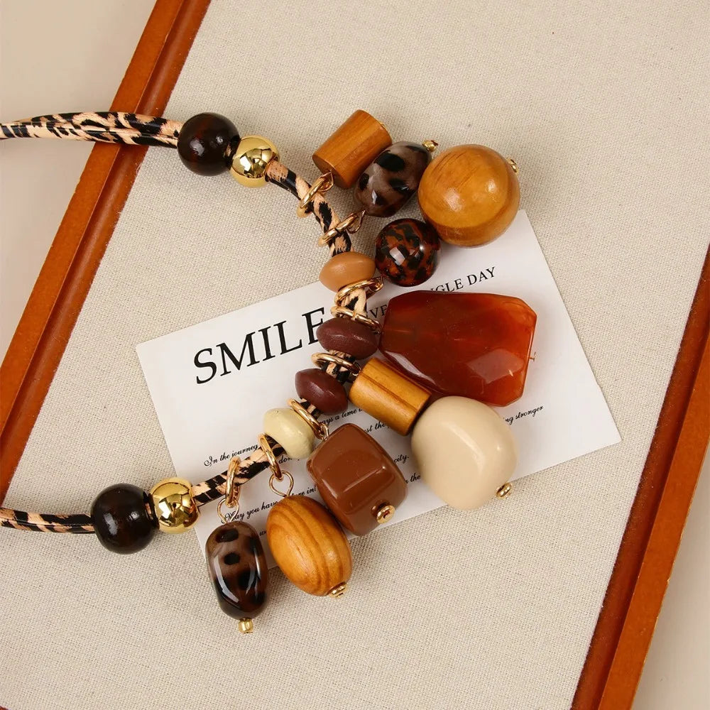Boho Leopard Print Resin Bead Statement Necklace, Earth Tone Fashion Jewelry for Women, Vacation & Daily Wear Accessory