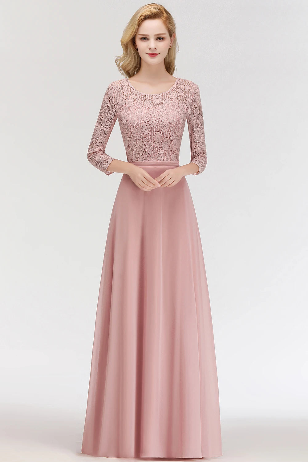 BABYONLINE In Stock Bridesmaid Gown Long Sleeve Floral Lace Appqulies Chiffon A-line Skirt Boho Wedding Party Guest Gown