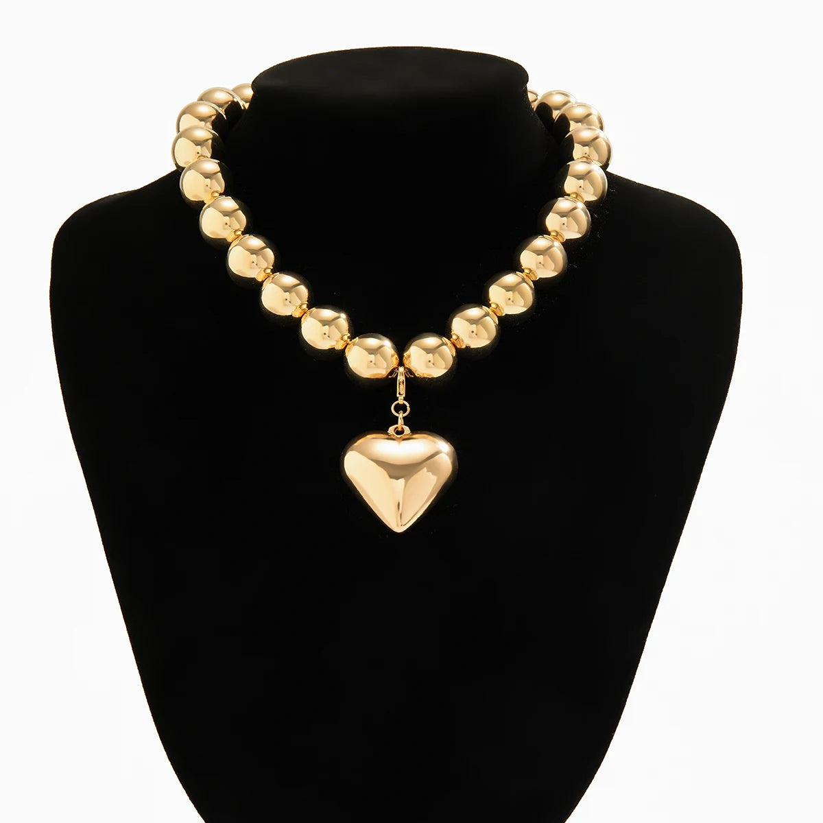 Salircon Big CCB Ball Beaded Chain Heart Shape Pendant Necklace for Women Gold Color Trendy Clavicle Choker Necklace  Jewelry
