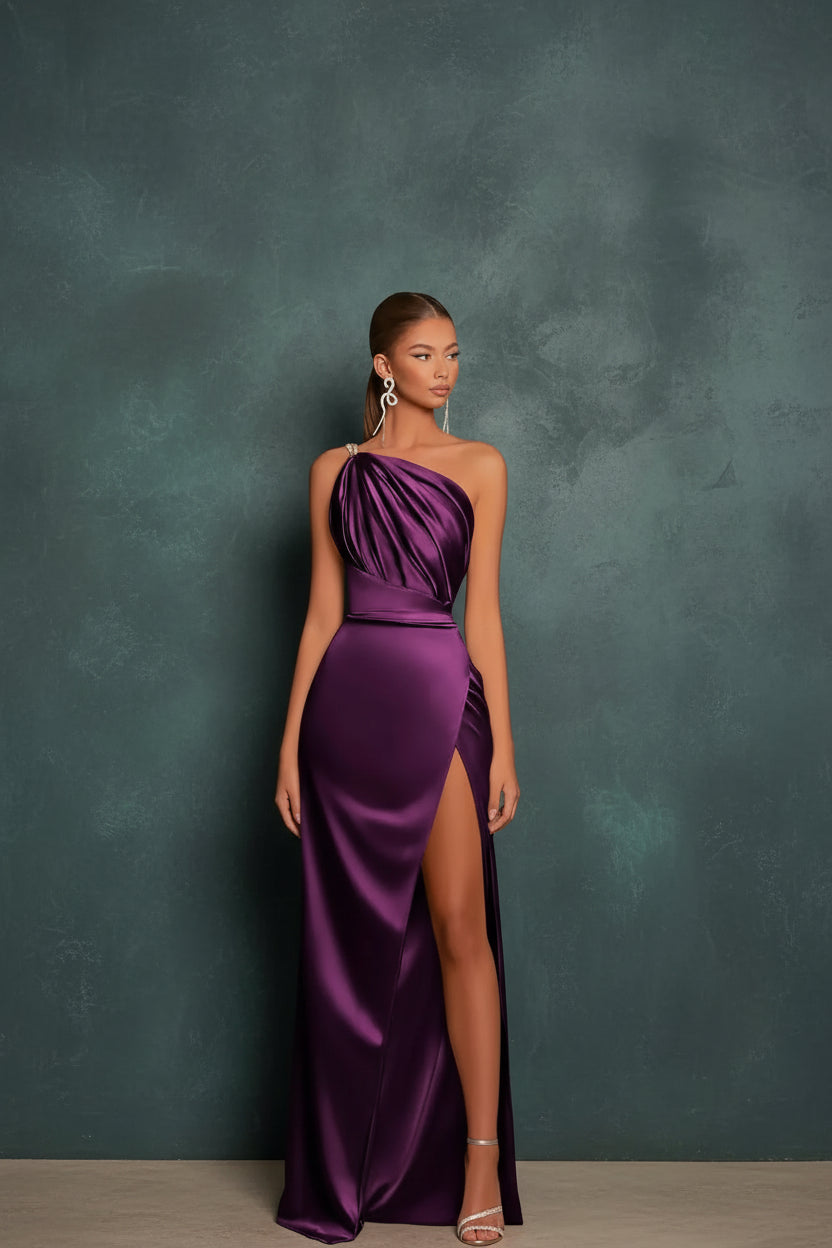 Long Satin Bridesmaid Dresses One Shoulder Spaghetti Straps Mermaid Prom Dress with Slit
