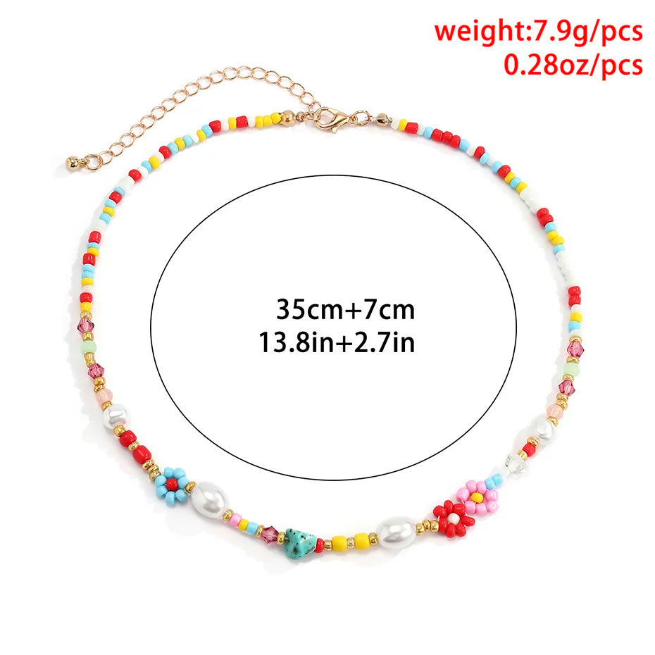 Salircon Baroque imitation Pearls Cute Flower Colorful Handwoven Beaded Short Clavicle Chain Choker Necklace Women Girls Jewelry