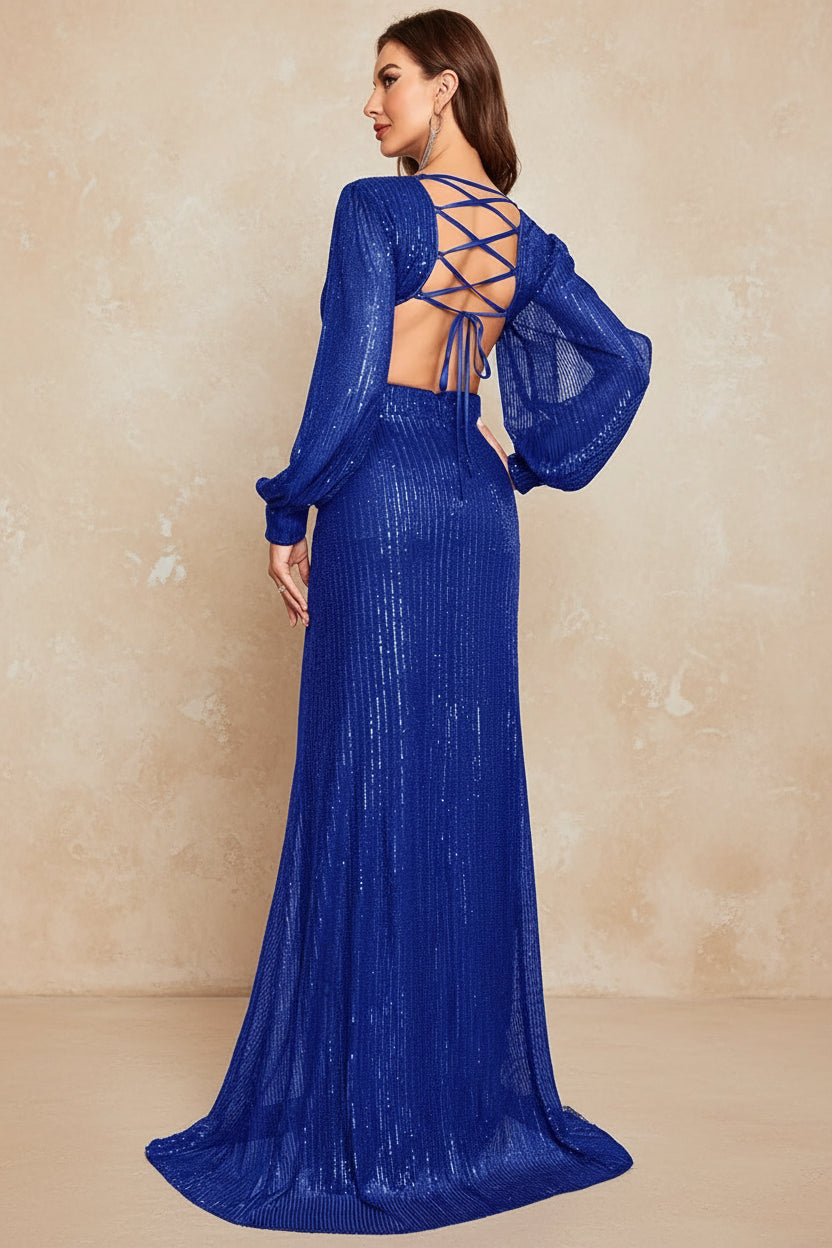 Elegant Long Sleeve Sequins Bue Evening Dress 2025 Luxury Women Mermaid Party Formal Bridesmaid Prom Cocktail Graduation Gowns