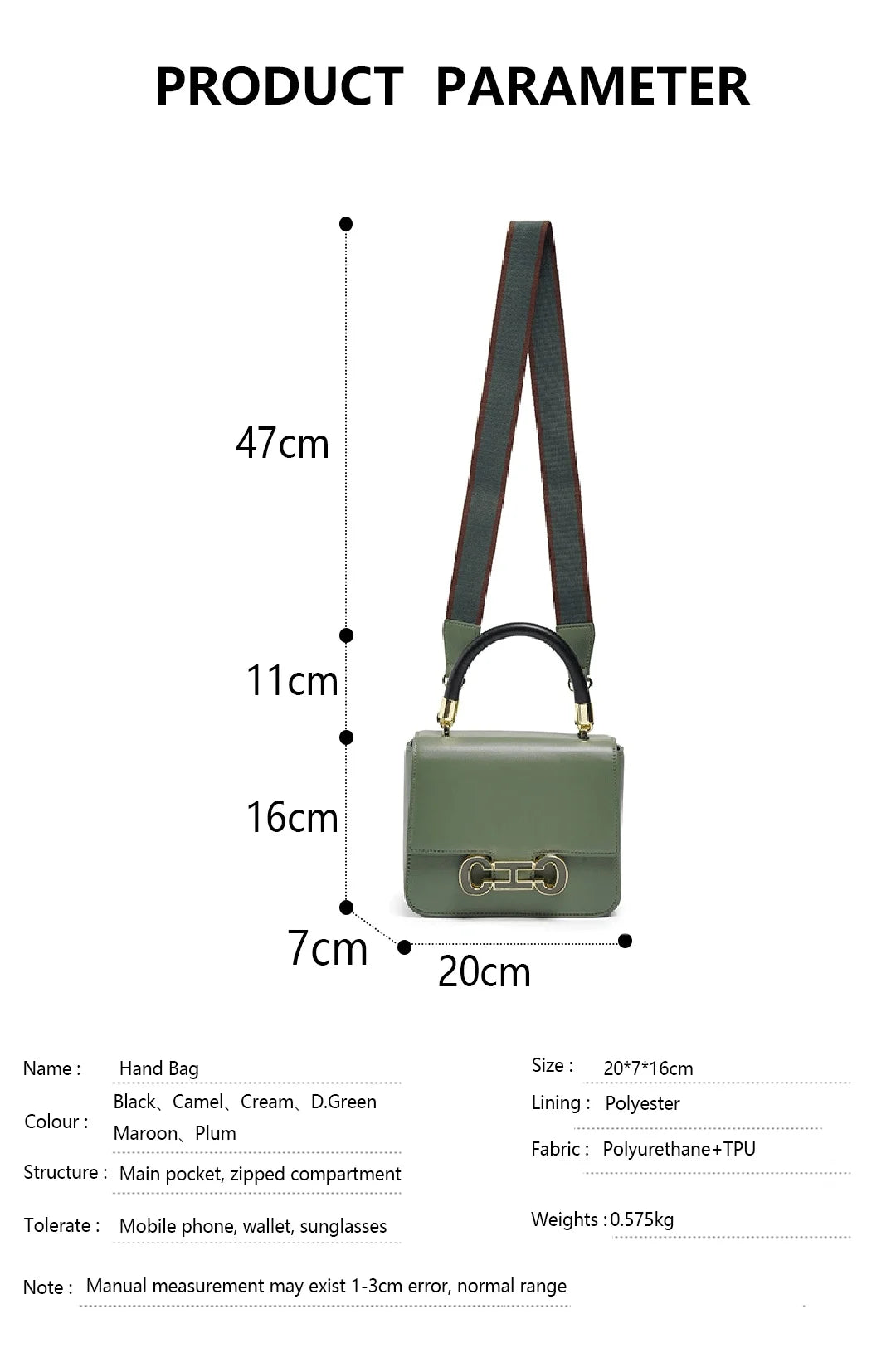 CH New PU+TPU Hand Bag 20x16x7cm Multi-Compartment Purse, 6 Colors Black Camel Cream Green Maroon Plum, Lightweight Tote