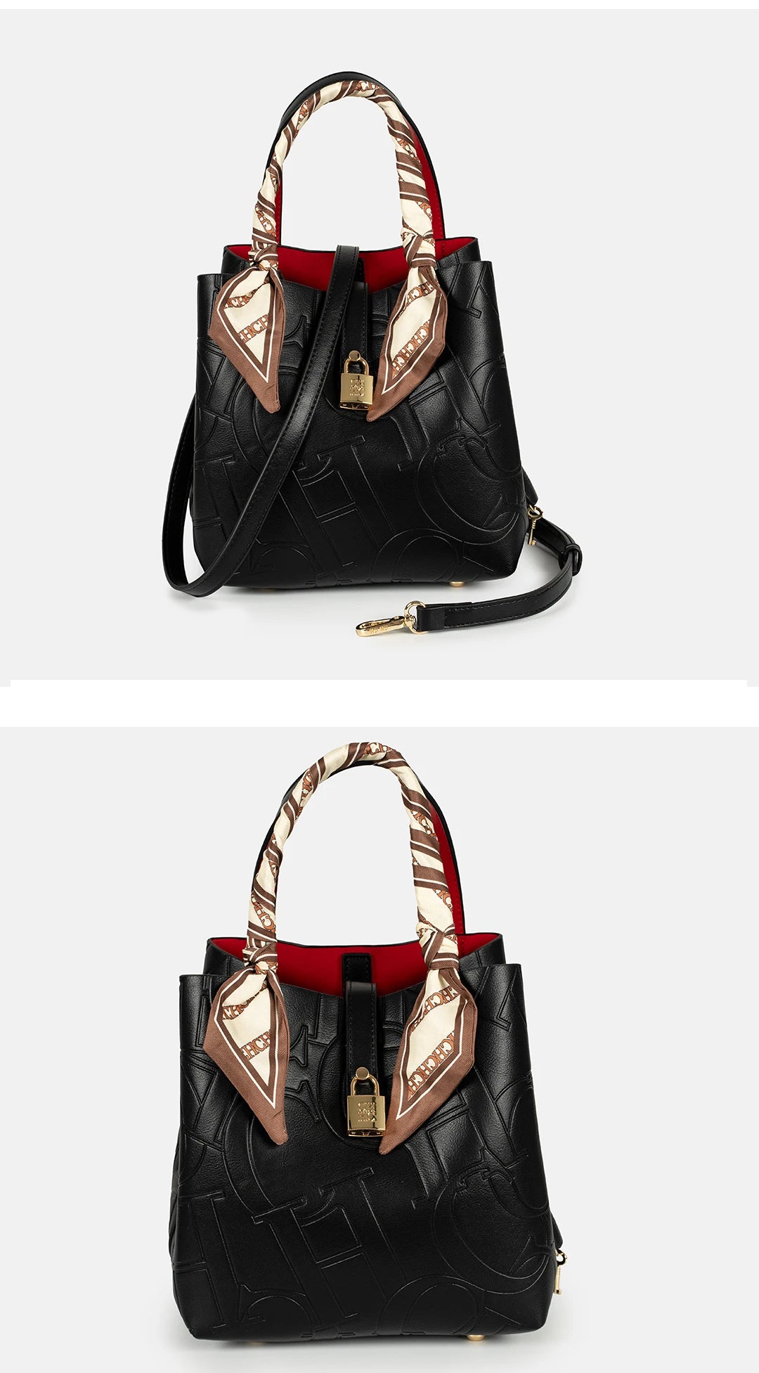 CH Womens Embossed Leather Bucket Bag with Silk Scarf Lock Decor Luxury Designer Handbag Large Capacity Crossbody Tote