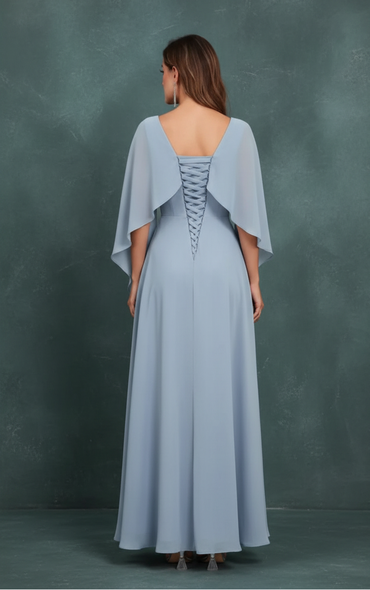 Scoop Neck Mother of The Bride Dresses Cape Shawl Ruffle Long Formal Evening Gowns Chiffon A Line Wedding Guest Bridesmaid Dress