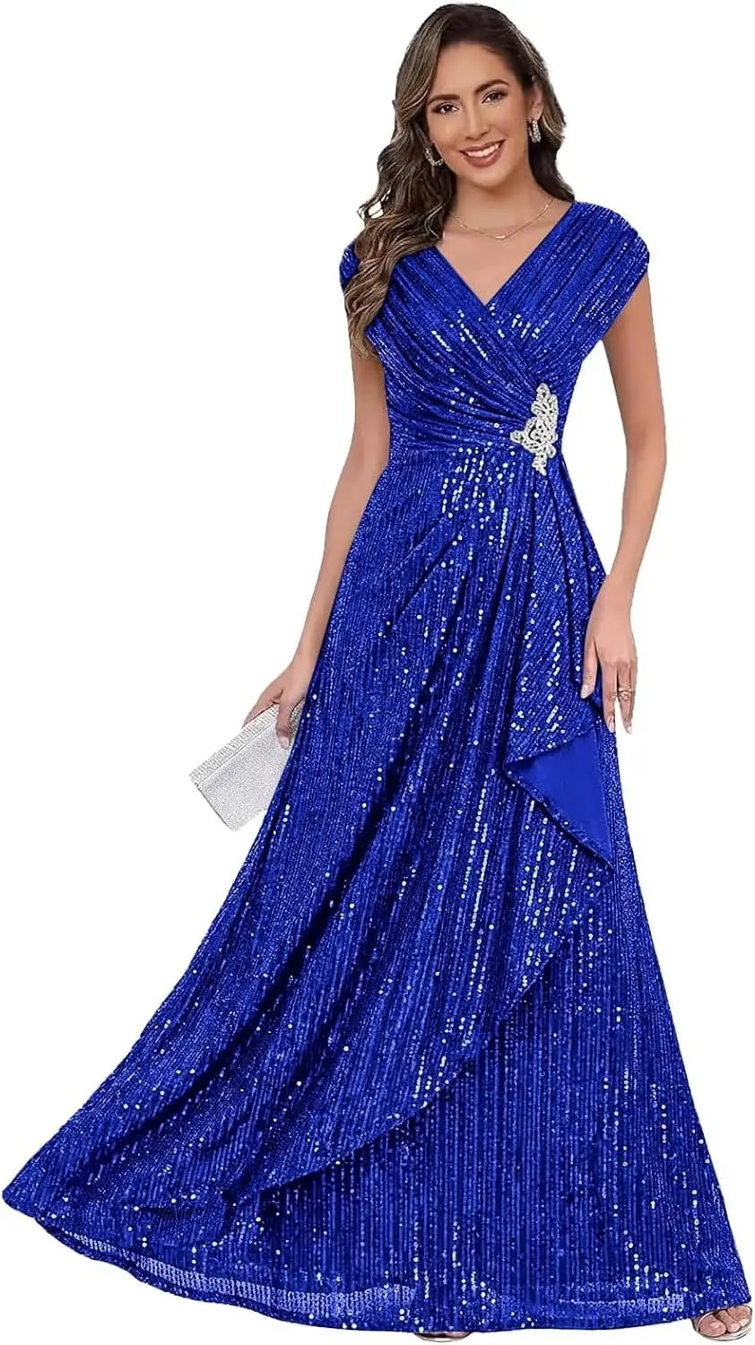 Sparkly Sequin A Line Mother of The Bride Dresses for Women Ruffles Long Formal Dress V Neck Evening Party Gown Dress
