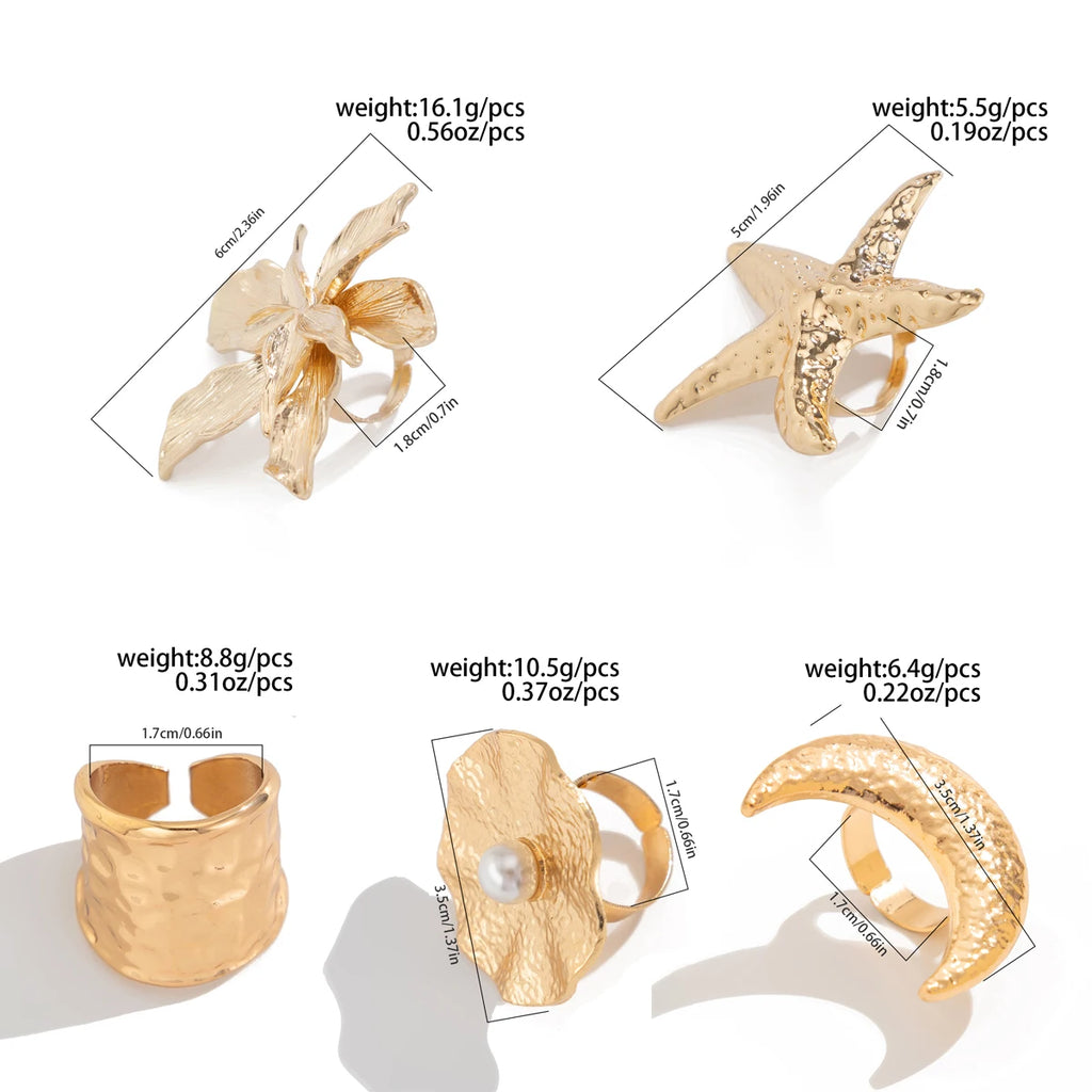 Salircon Exaggerated Vintage Big Starfish Moon Flower Ring for Women Trend Personality Metal Punk Party Finger Ring Jewelry