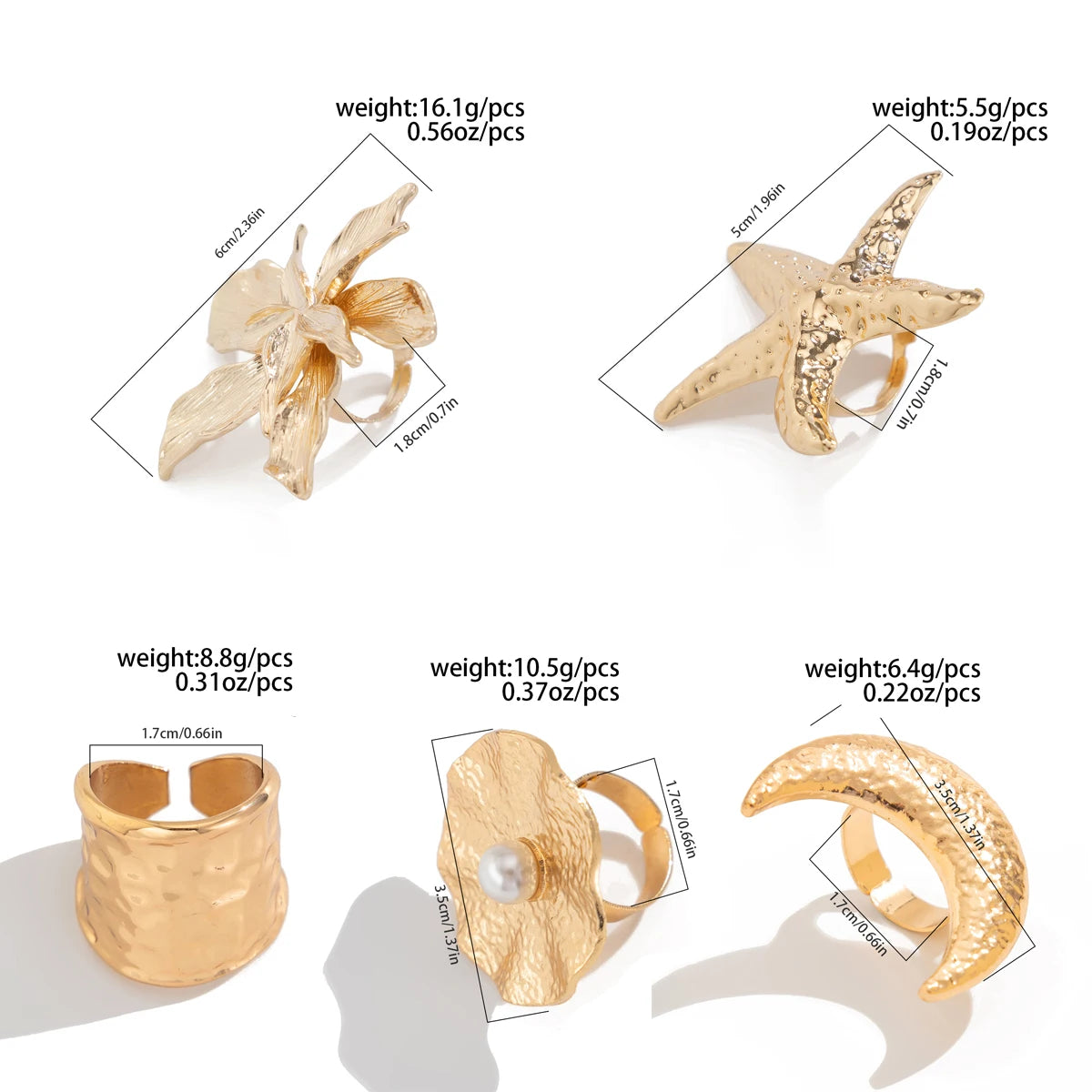 Salircon Exaggerated Vintage Big Starfish Moon Flower Ring for Women Trend Personality Metal Punk Party Finger Ring Jewelry